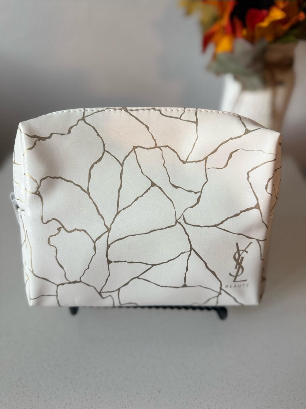 NWOT Yves Saint Laurent White Cosmetic Pouch with Gold Vein Print